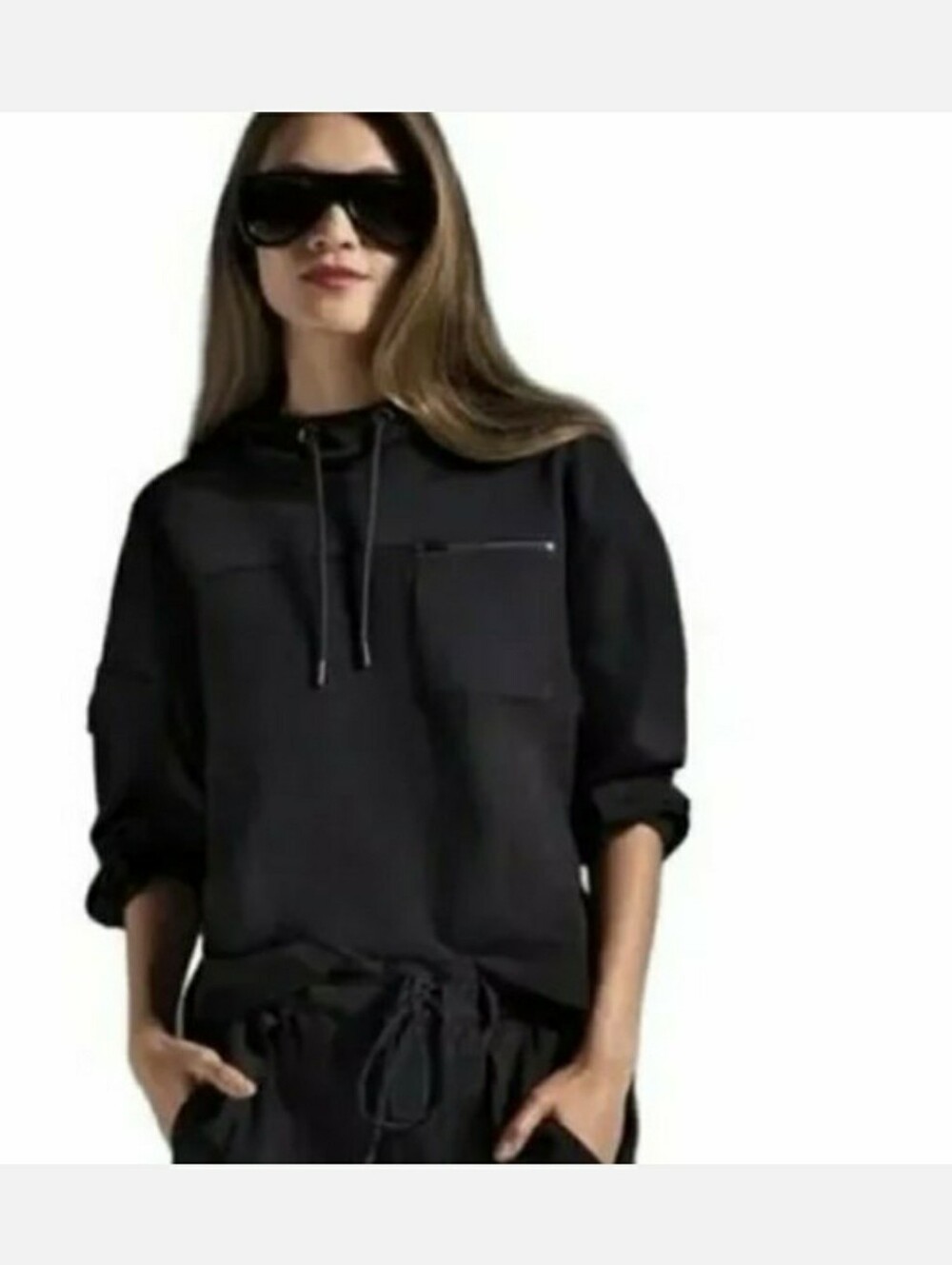 Cabi Quantum Hoodie 4368 Black Cropped Pullover Sweatshirt Size Large